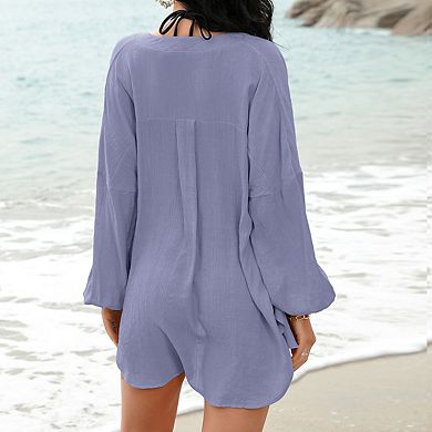 Womens V Neck Long Sleeve Button Front Sheer Casual Swimsuits Cover Up