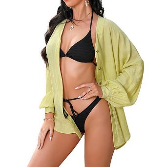Womens V Neck Long Sleeve Button Front Sheer Casual Swimsuits Cover Up
