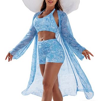 Women's 3 pc Swimwear Set - Halter Crop Top, Ruched Shorts & Sheer Longline Cover-Up