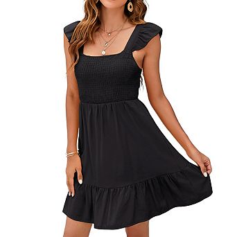 Womens Square Neck Sleeveless Ruffled Smocked Dress Back Bow Casual Midi Dress