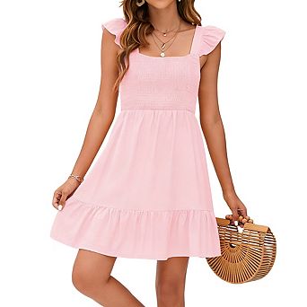 Womens Square Neck Sleeveless Ruffled Smocked Dress Back Bow Casual Midi Dress