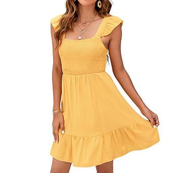 Womens Square Neck Sleeveless Ruffled Smocked Dress Back Bow Casual Midi Dress