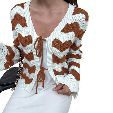 Womens V Neck Long Sleeve Cardigan Knit Pattern Drawstring Front Casual Cardigan Tops