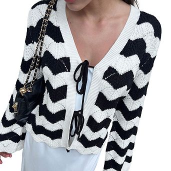 Womens V Neck Long Sleeve Cardigan Knit Pattern Drawstring Front Casual Cardigan Tops