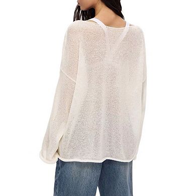 Women Oversized Long Sleeve Sheer Mesh Knit Sweater Tops Y2K Summer Loose Pullover Jumper Shirt