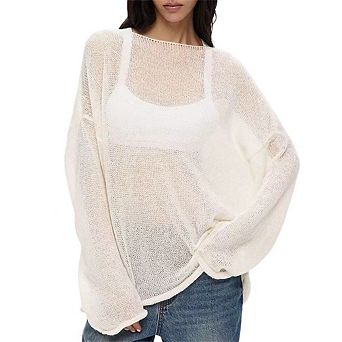 Women Oversized Long Sleeve Sheer Mesh Knit Sweater Tops Y2K Summer Loose Pullover Jumper Shirt