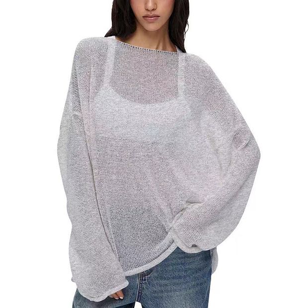 Women Oversized Long Sleeve Sheer Mesh Knit Sweater Tops Y2K
