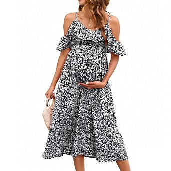 Womens V Neck Cold Shoulder Ruffled Maternity Spaghetti Straps Ruched Waist Baby Showers Midi Dress