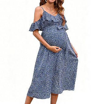 Womens V Neck Cold Shoulder Ruffled Maternity Spaghetti Straps Ruched Waist Baby Showers Midi Dress
