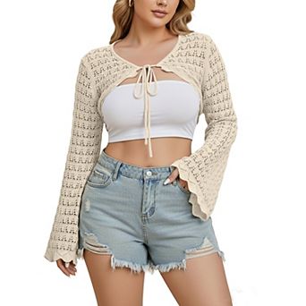 Women's Plus Size Crochet Shrug Cropped Bolero Cardigan Tie Front Long Sleeves Outerwear Casual
