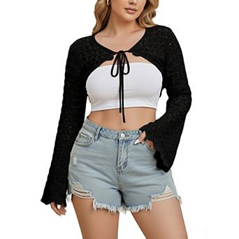Women's Plus Size Crochet Shrug Cropped Bolero Cardigan Tie Front Long Sleeves Outerwear Casual