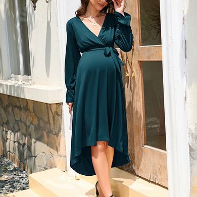 Women's Maternity Wrap Dress Long Bell Sleeves Adjustable Belt V Neck Dress