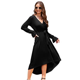 Women's Maternity Wrap Dress Long Bell Sleeves Adjustable Belt V Neck Dress