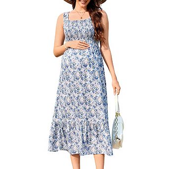 Womens Square Neck Sleeveless Maternity Flowy Ruffled Floral Baby Showers Midi Dress
