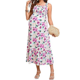 Womens Square Neck Sleeveless Maternity Flowy Ruffled Floral Baby Showers Midi Dress