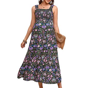 Womens Square Neck Sleeveless Maternity Flowy Ruffled Floral Baby Showers Midi Dress
