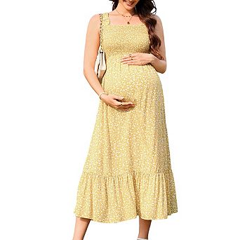 Womens Square Neck Sleeveless Maternity Flowy Ruffled Floral Baby Showers Midi Dress