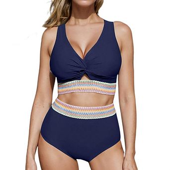 Women Bikini Sets High Waisted Two Piece Swimsuit Knot Twist Cut Out Color Block Bathing Suit
