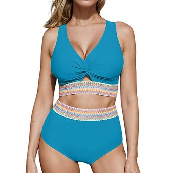 Women Bikini Sets High Waisted Two Piece Swimsuit Knot Twist Cut Out Color Block Bathing Suit