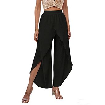 Flowy Wide-Leg Pants Asymmetrical Overlay & Elastic Waist High-Waisted Split Hem Casual Trousers