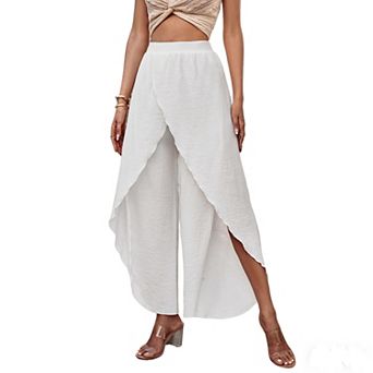 Flowy Wide-Leg Pants Asymmetrical Overlay & Elastic Waist High-Waisted Split Hem Casual Trousers