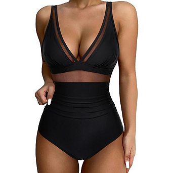 Women's Mesh Panel Ruched High-Waist One-Piece Swimsuit
