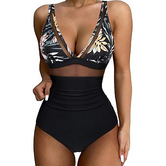 Women's Mesh Panel Ruched High-Waist One-Piece Swimsuit