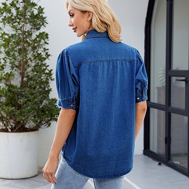 Womens Denim Shirt Business Casual Button Down Work Blouses Puff Sleeve Summer Tops