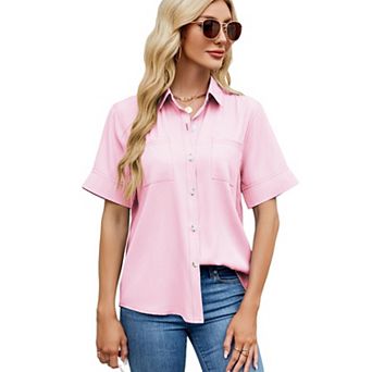 Womens Button Down Shirt Short Sleeve Blouse V Neck Dressy Casual Business Work Tops with Pocket