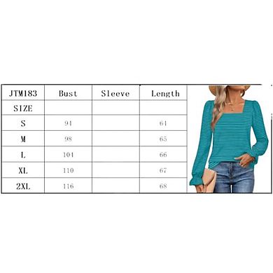 Womens Square Neck T Shirts Blouses Casual Stretchy Ruffle Trim Long Sleeve Pullover Tops