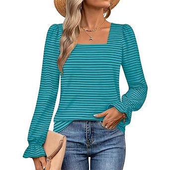 Womens Square Neck T Shirts Blouses Casual Stretchy Ruffle Trim Long Sleeve Pullover Tops