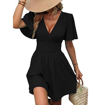 Women V Neck Short Sleeve Mini Dress Casual High Waist A-Line Flowy Dress for Cocktail Wedding Guest