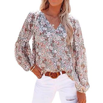 Women's Casual Boho Floral Print V Neck Long Sleeve Blouses Loose Shirt Tops