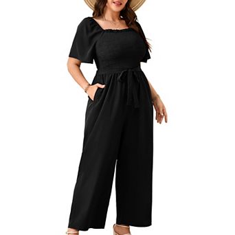 Women's Plus Size Wide Leg Jumpsuit Summer Square Neck Smocked Self-Tie Waist Casual Jumpsuits