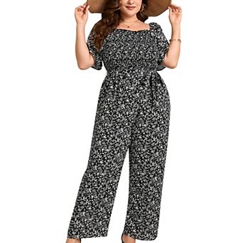 Women's Plus Size Wide Leg Jumpsuit Summer Square Neck Smocked Self-Tie Waist Casual Jumpsuits
