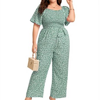 Women's Plus Size Wide Leg Jumpsuit Summer Square Neck Smocked Self-Tie Waist Casual Jumpsuits