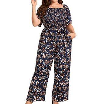 Women's Plus Size Wide Leg Jumpsuit Summer Square Neck Smocked Self-Tie Waist Casual Jumpsuits