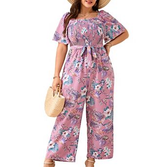 Women's Plus Size Wide Leg Jumpsuit Summer Square Neck Smocked Self-Tie Waist Casual Jumpsuits