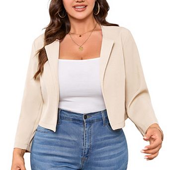 Women's Plus Size Cropped Blazer Suit Jacket Open Front Long Sleeve Stylish Outerwear Casual Office
