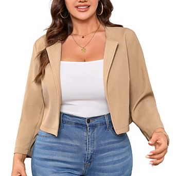Women's Plus Size Cropped Blazer Suit Jacket Open Front Long Sleeve Stylish Outerwear Casual Office