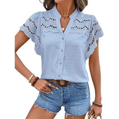 Women's Ruffle Sleeve Button Down Blouse Boho Swiss Dots Hollow Out Summer Shirts