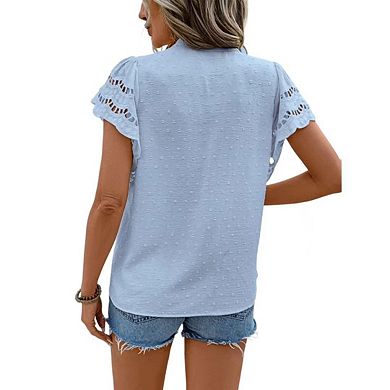 Women's Ruffle Sleeve Button Down Blouse Boho Swiss Dots Hollow Out Summer Shirts