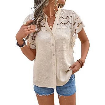 Women's Ruffle Sleeve Button Down Blouse Boho Swiss Dots Hollow Out Summer Shirts