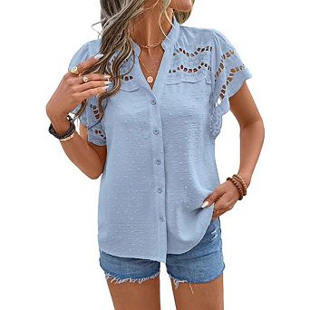 Women's Ruffle Sleeve Button Down Blouse Boho Swiss Dots Hollow Out Summer Shirts