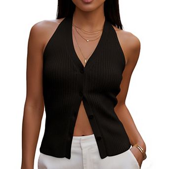 Women's Knit Halter Cardigan Button Front Sleeveless Ribbed Summer Top Casual Daily & Date Outfits