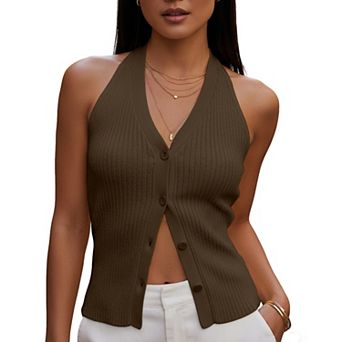 Women's Knit Halter Cardigan Button Front Sleeveless Ribbed Summer Top Casual Daily & Date Outfits