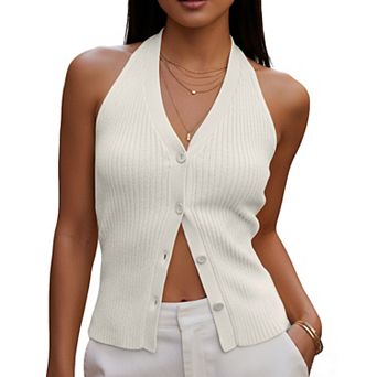 Women's Knit Halter Cardigan Button Front Sleeveless Ribbed Summer Top Casual Daily & Date Outfits