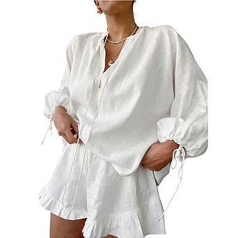 Women's Linen 2 pc Set Puff-Sleeve Blouse & Ruffled Shorts Casual Outfit
