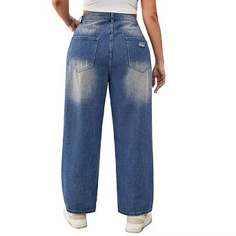 Womens Plus Size Ripped Jeans High Waisted Distressed Stretchy Straight Ankle Denim Pants