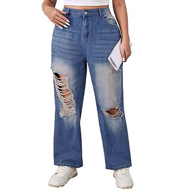 Womens Plus Size Ripped Jeans High Waisted Distressed Stretchy Straight Ankle Denim Pants